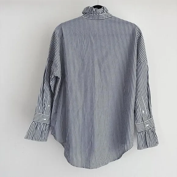 Alex Mill Top Womens XS Blue White Striped Easy Ruffle Frill Neck Cotton Career - Picture 5 of 11